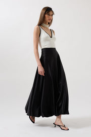 Satin Balloon Detail Midi Black Skirt