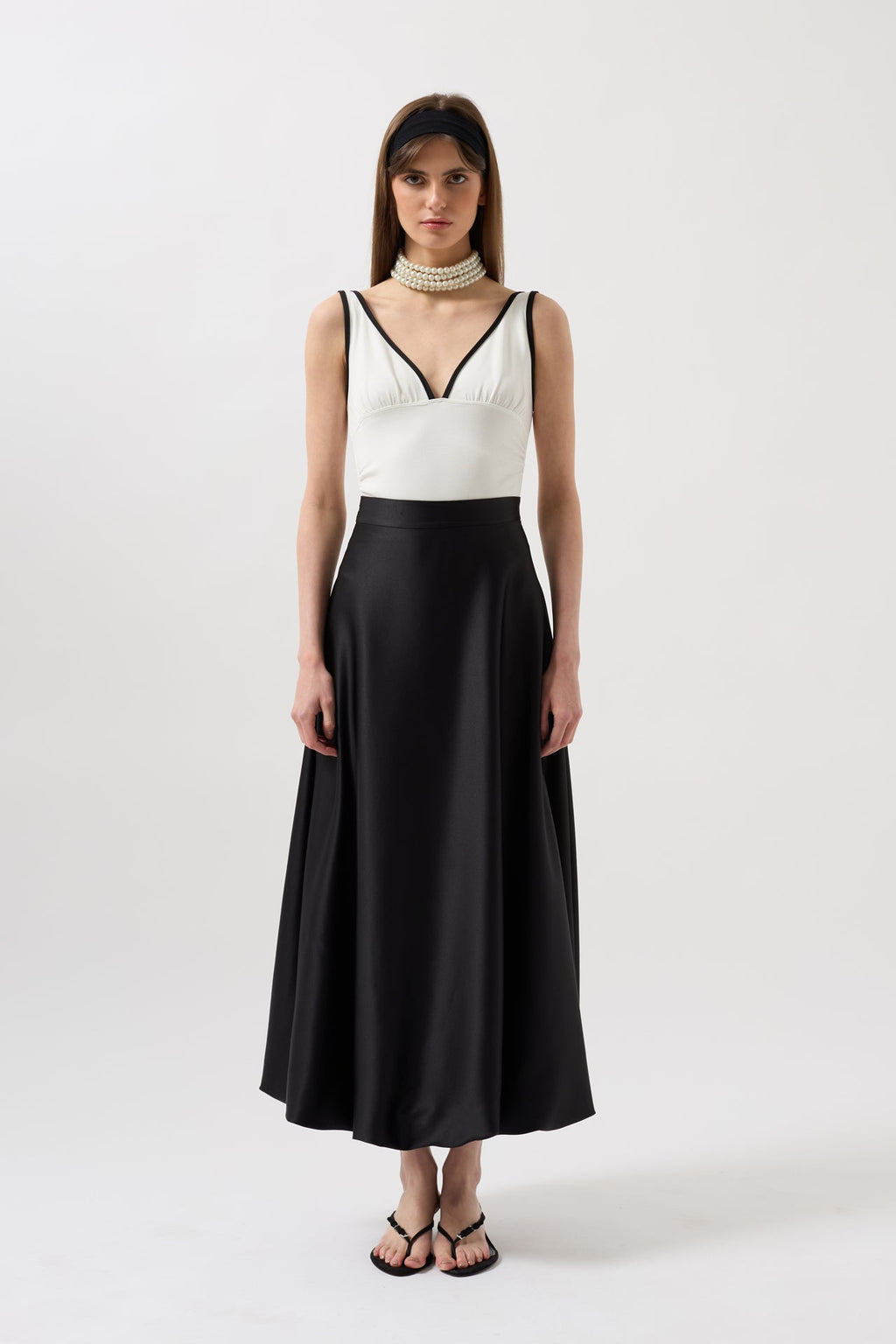 Satin Balloon Detail Midi Black Skirt