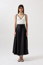 Satin Balloon Detail Midi Black Skirt