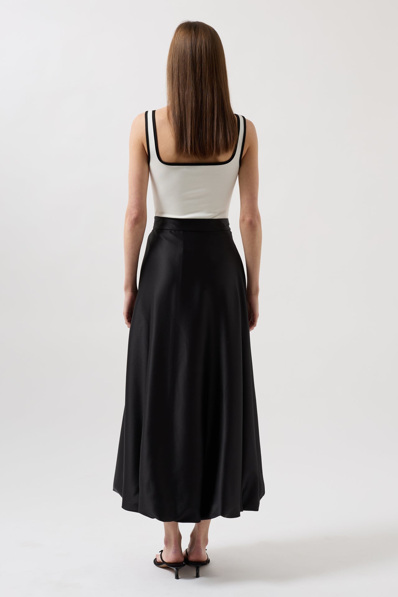 Satin Balloon Detail Midi Black Skirt