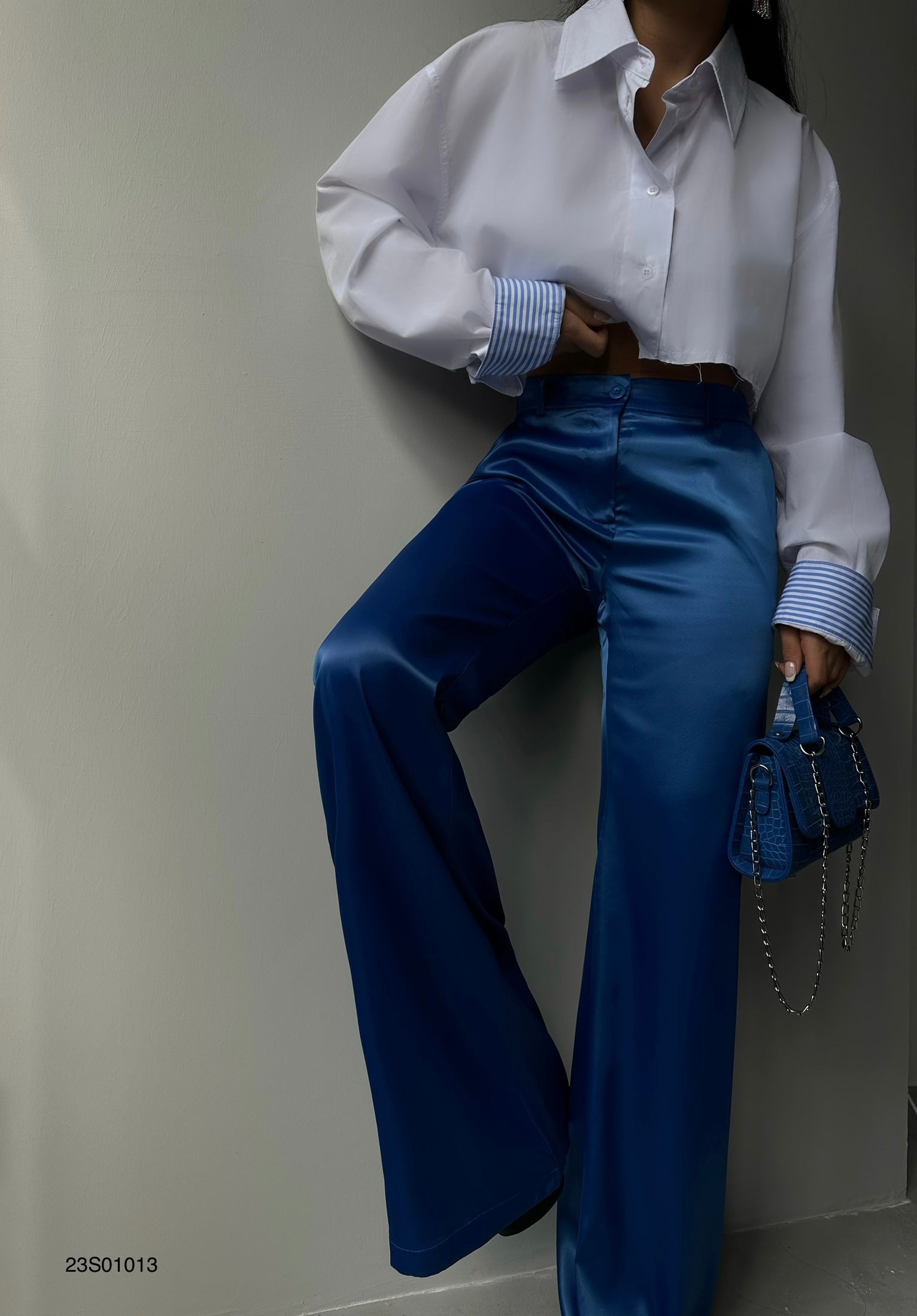 Satin Straight Leg Sax Blue Pants