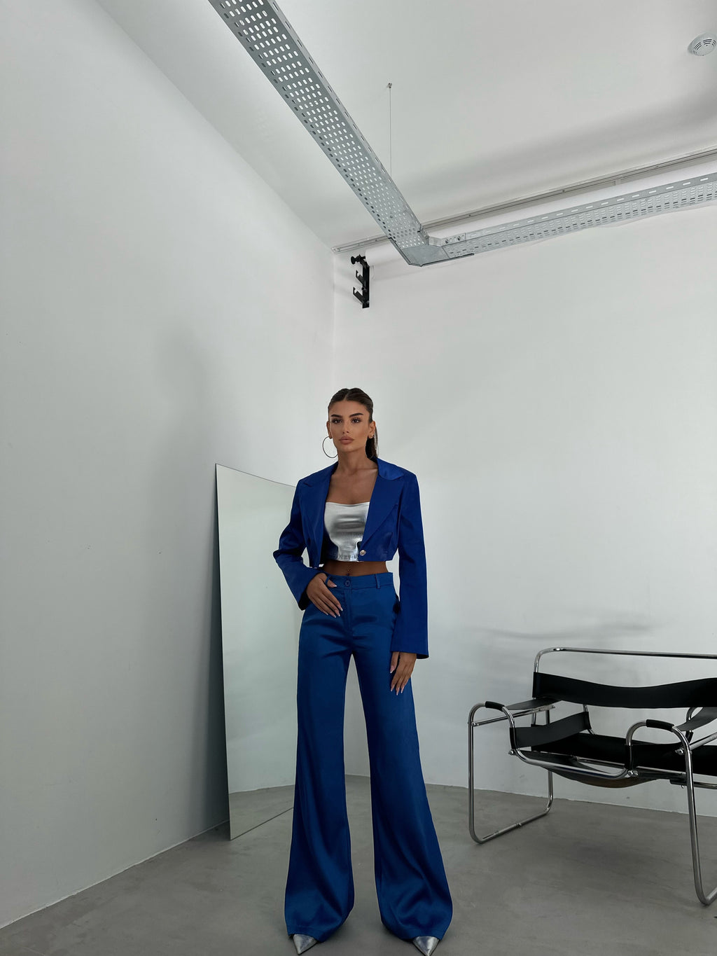 Satin Straight Leg Sax Blue Pants