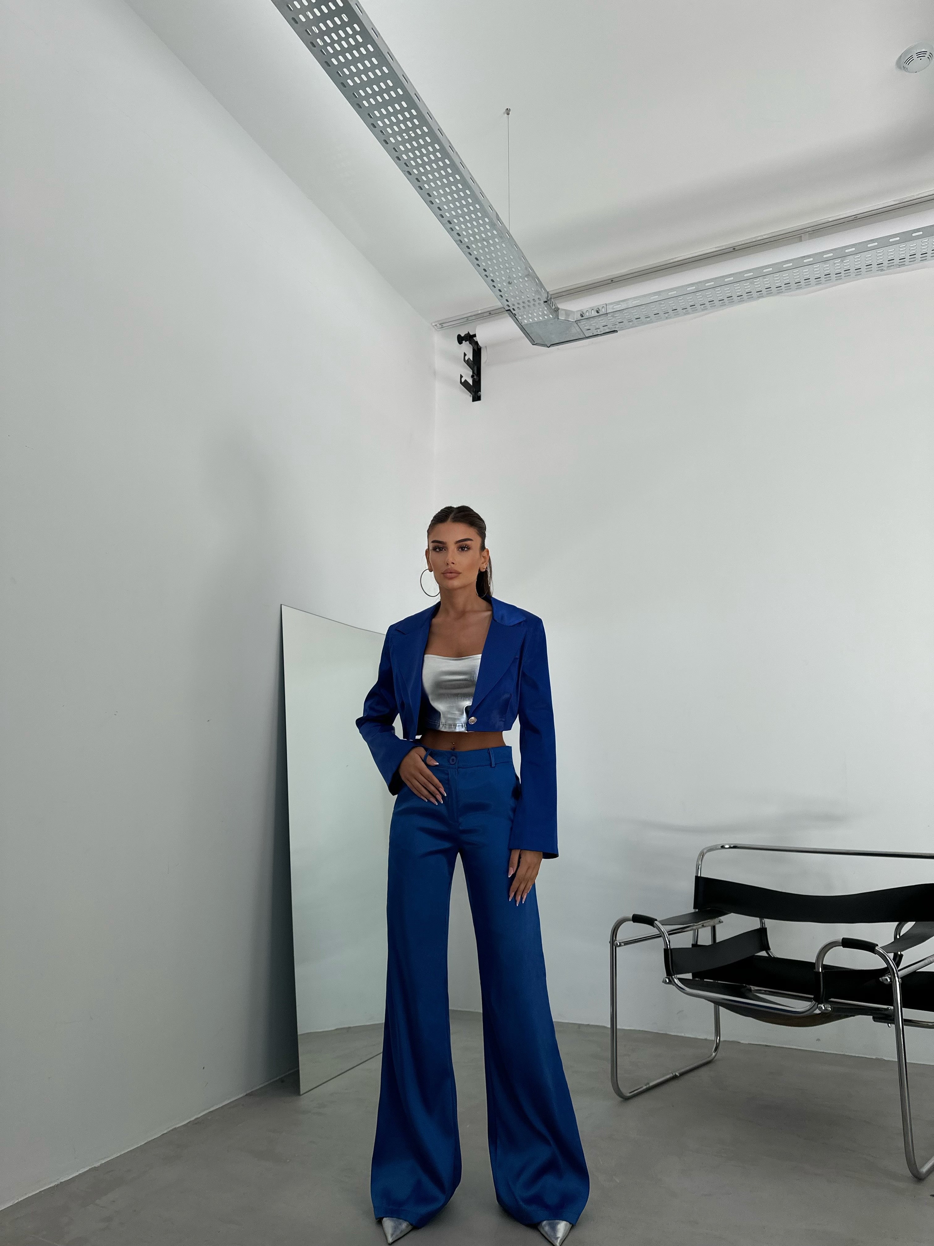 Satin Straight Leg Sax Blue Pants