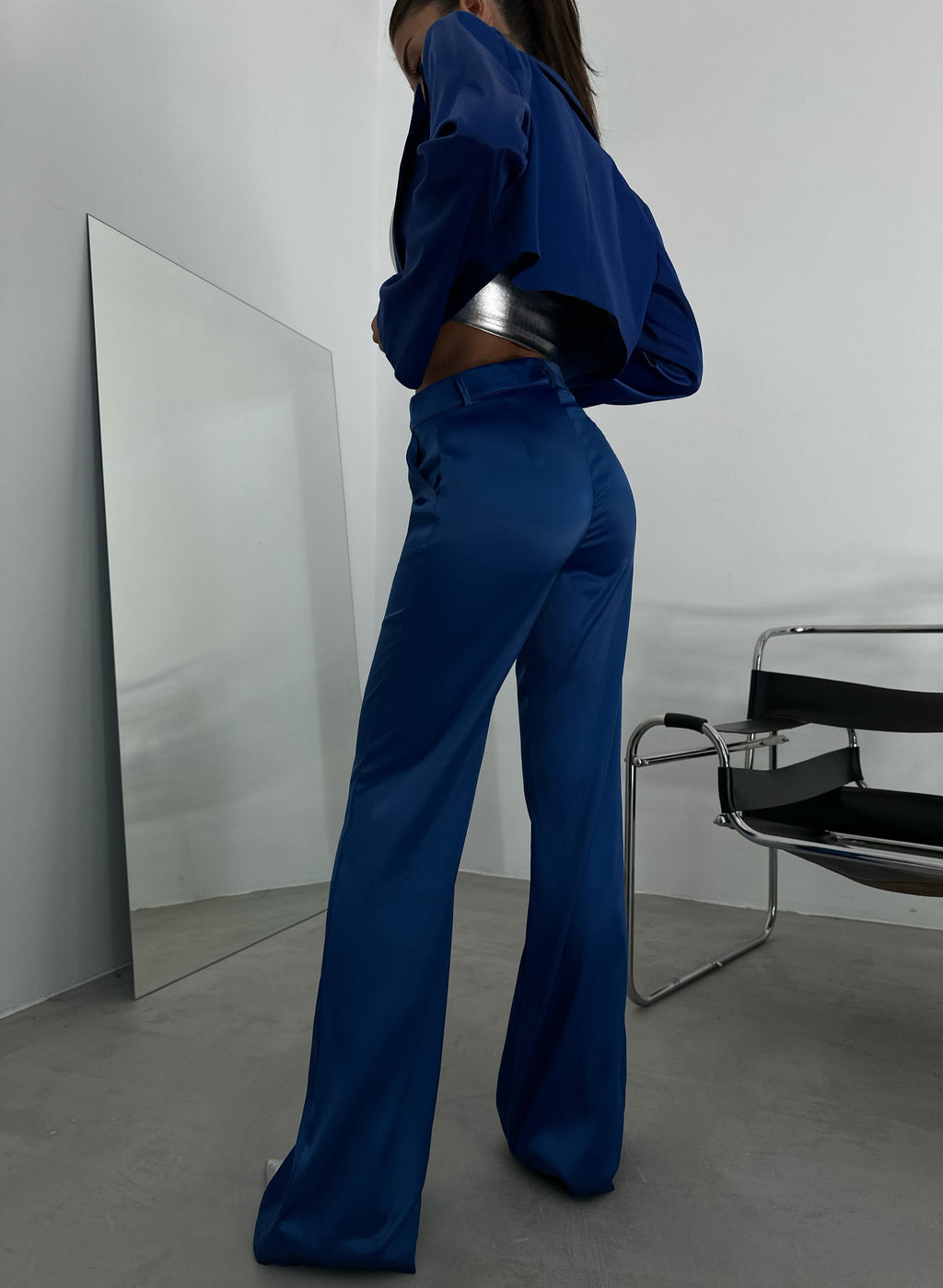 Satin Straight Leg Sax Blue Pants