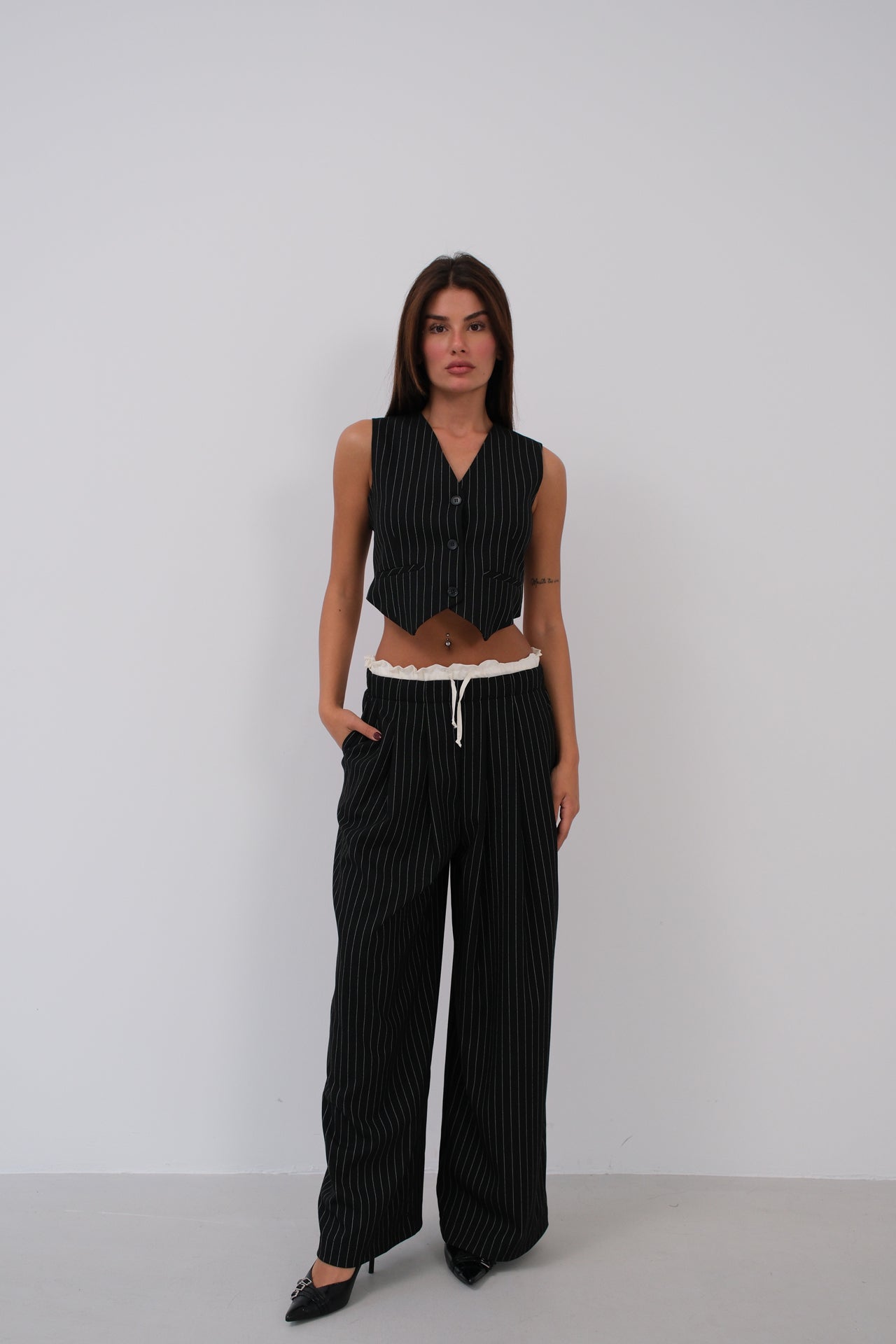 Satin Trim Low Waist Striped Pants
