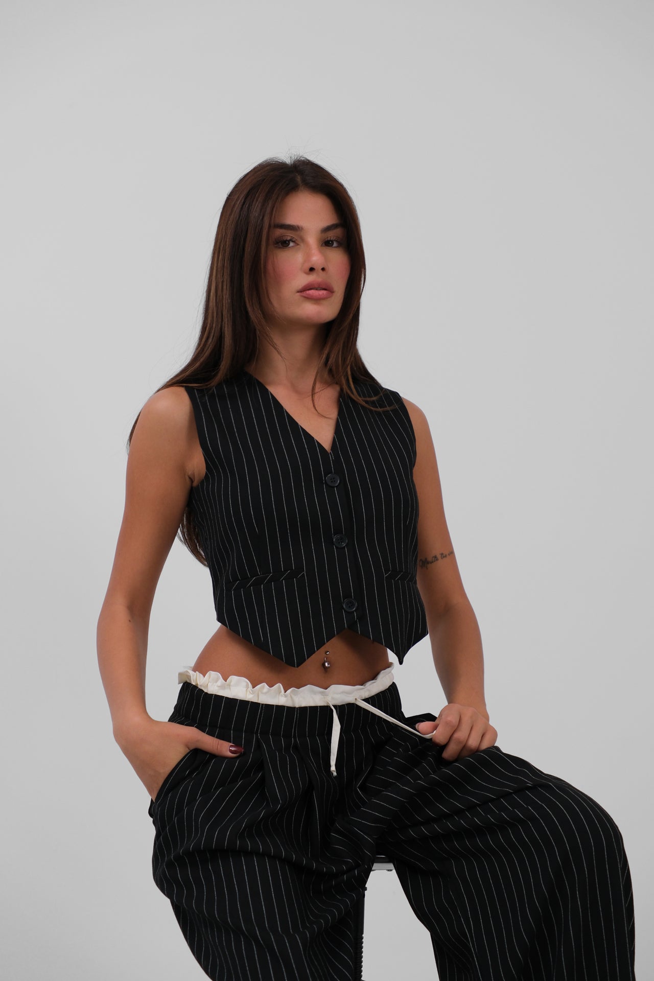 Satin Trim Low Waist Striped Pants
