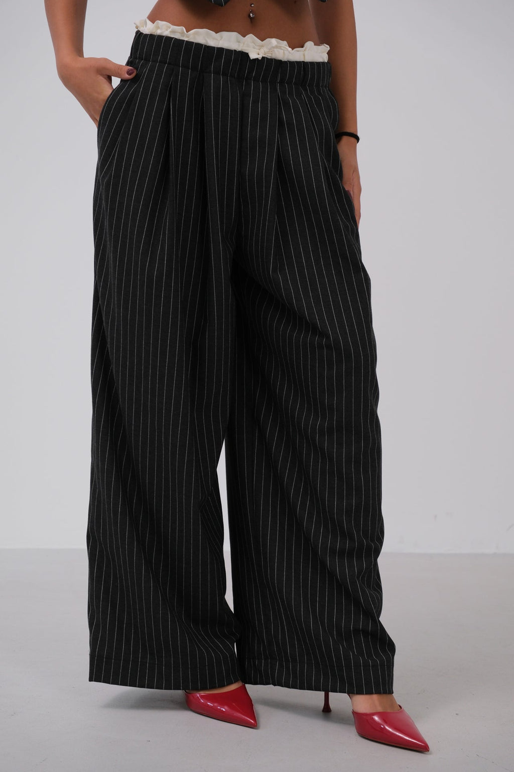 Satin Trim Low Waist Striped Pants