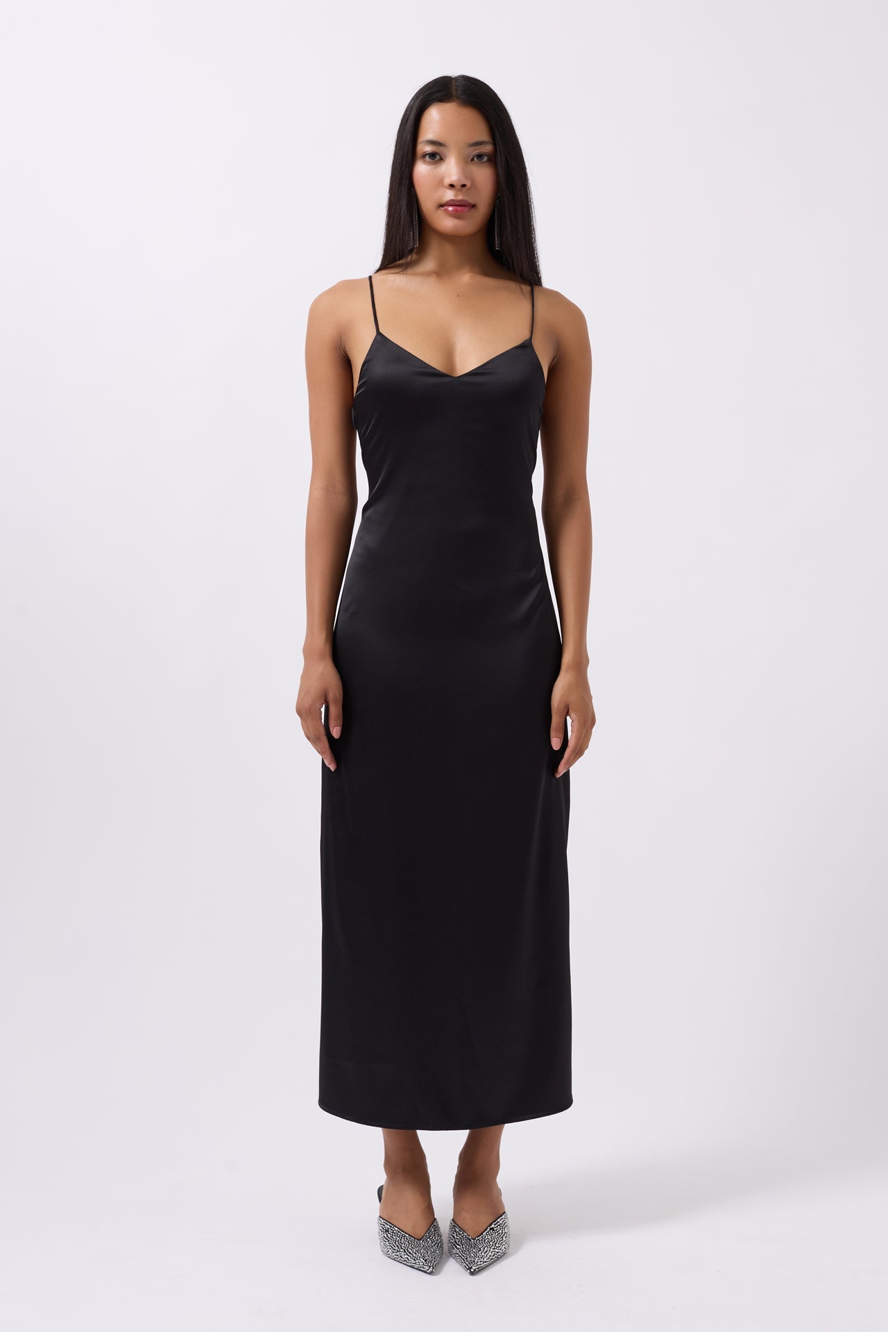 Satin Thin Strap Black Dress