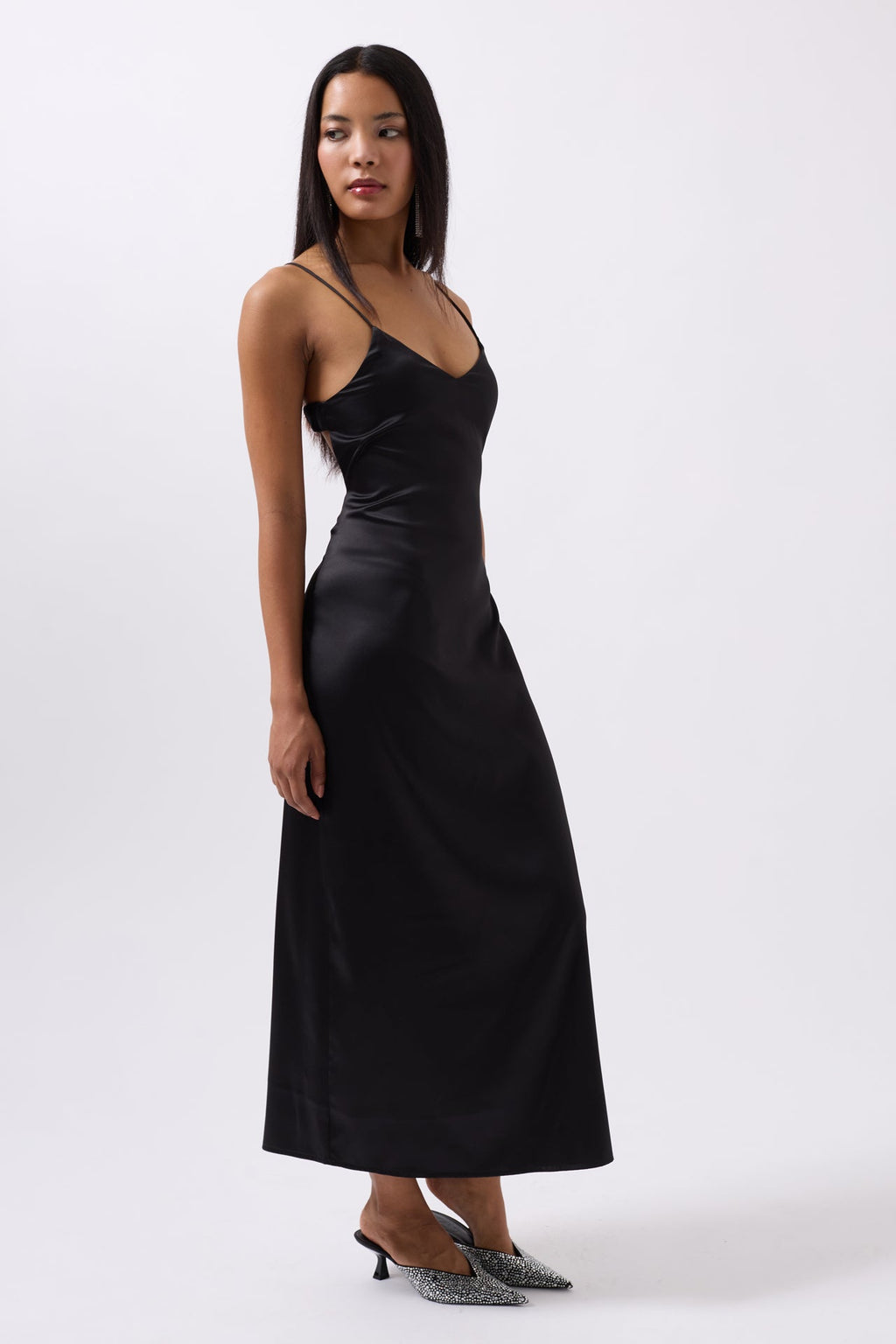 Satin Thin Strap Black Dress