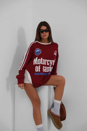 Stripe Detail Printed Oversized Burgundy Sweatshirt