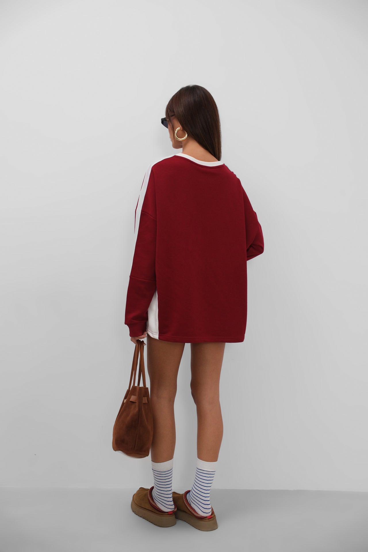 Serit Detail Baskili Oversize Burgundy Sweatshirt