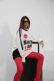 Stripe Detail Printed Oversized Ecru Sweatshirt