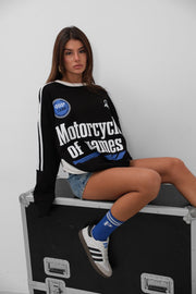 Stripe Detail Printed Oversized Black Sweatshirt