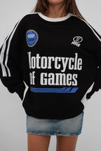 Serit Detail Baskili Oversize Black Sweatshirt