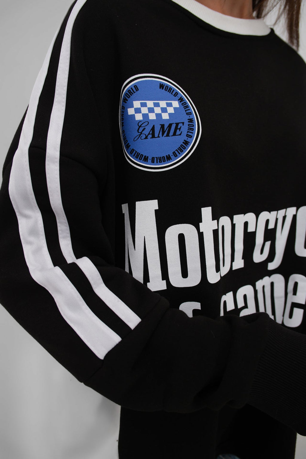 Serit Detail Baskili Oversize Black Sweatshirt