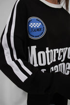 Serit Detail Baskili Oversize Black Sweatshirt