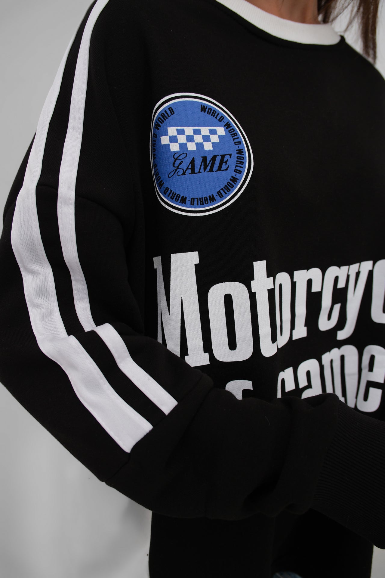 Serit Detail Baskili Oversize Black Sweatshirt