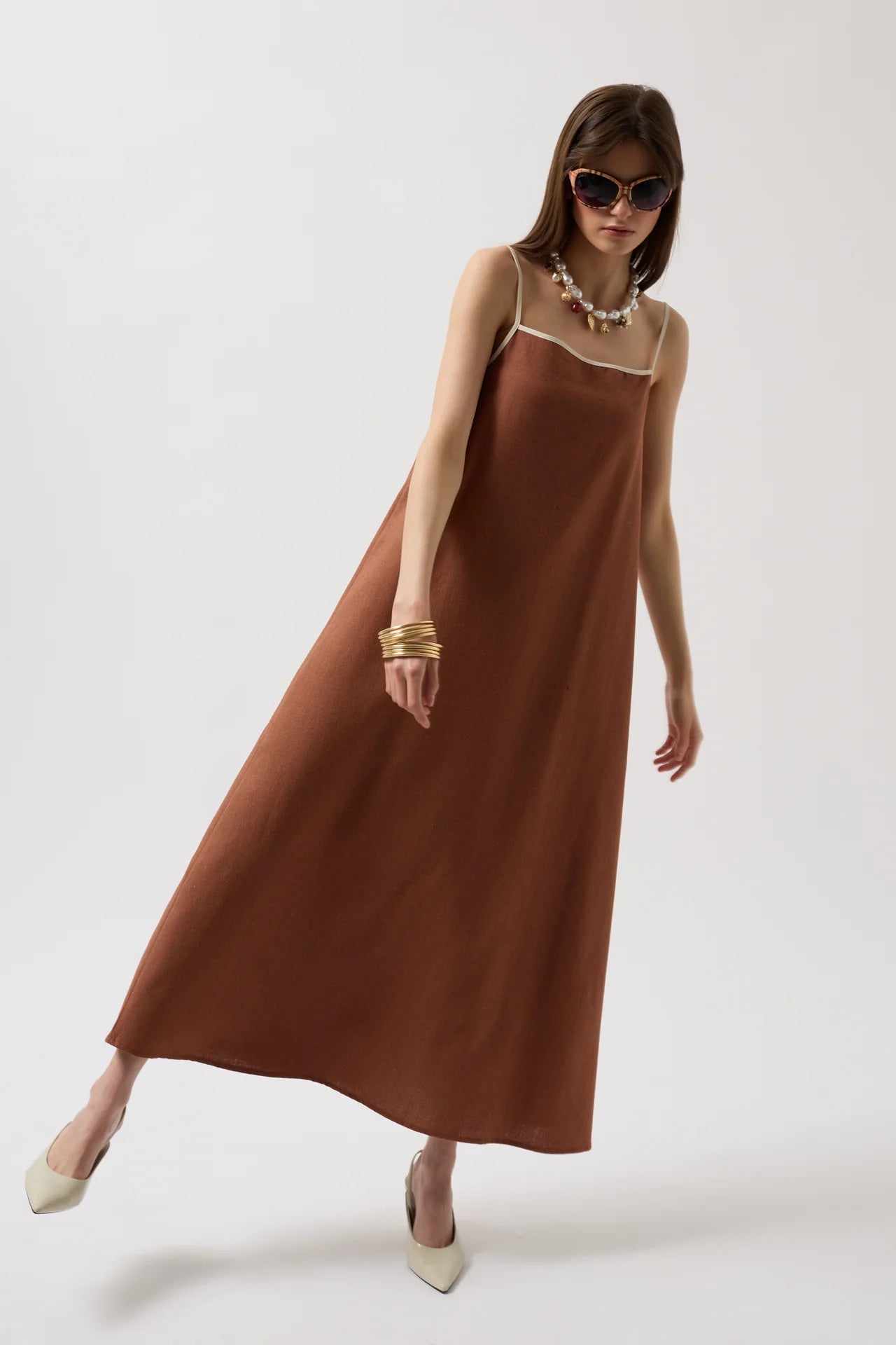 Stripe Detail Linen Maxi Brown Dress