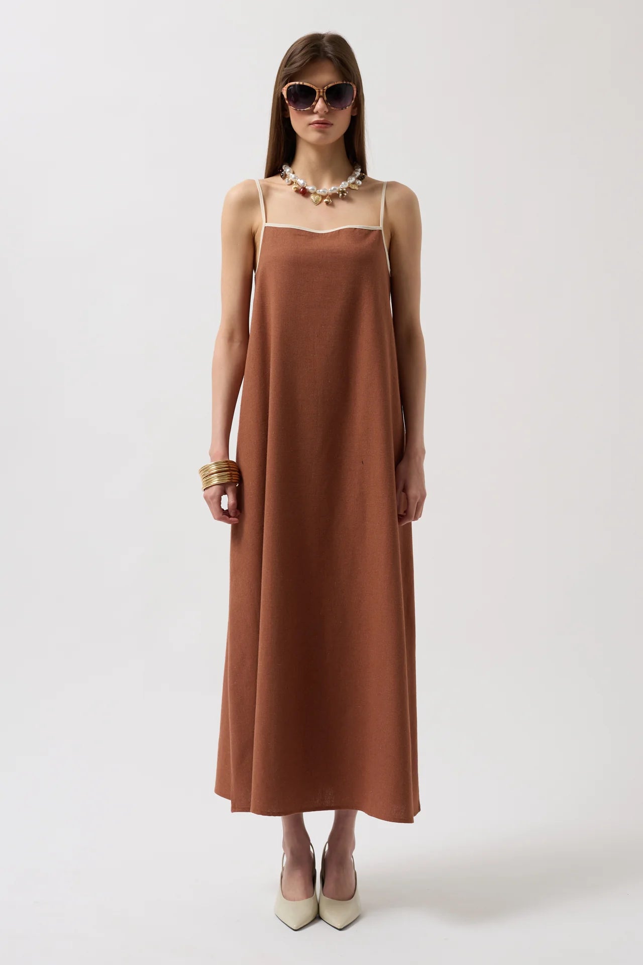 Stripe Detail Linen Maxi Brown Dress