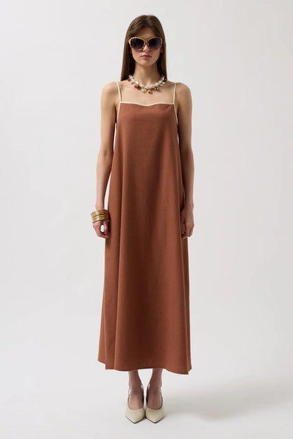 Stripe Detail Linen Maxi Brown Dress
