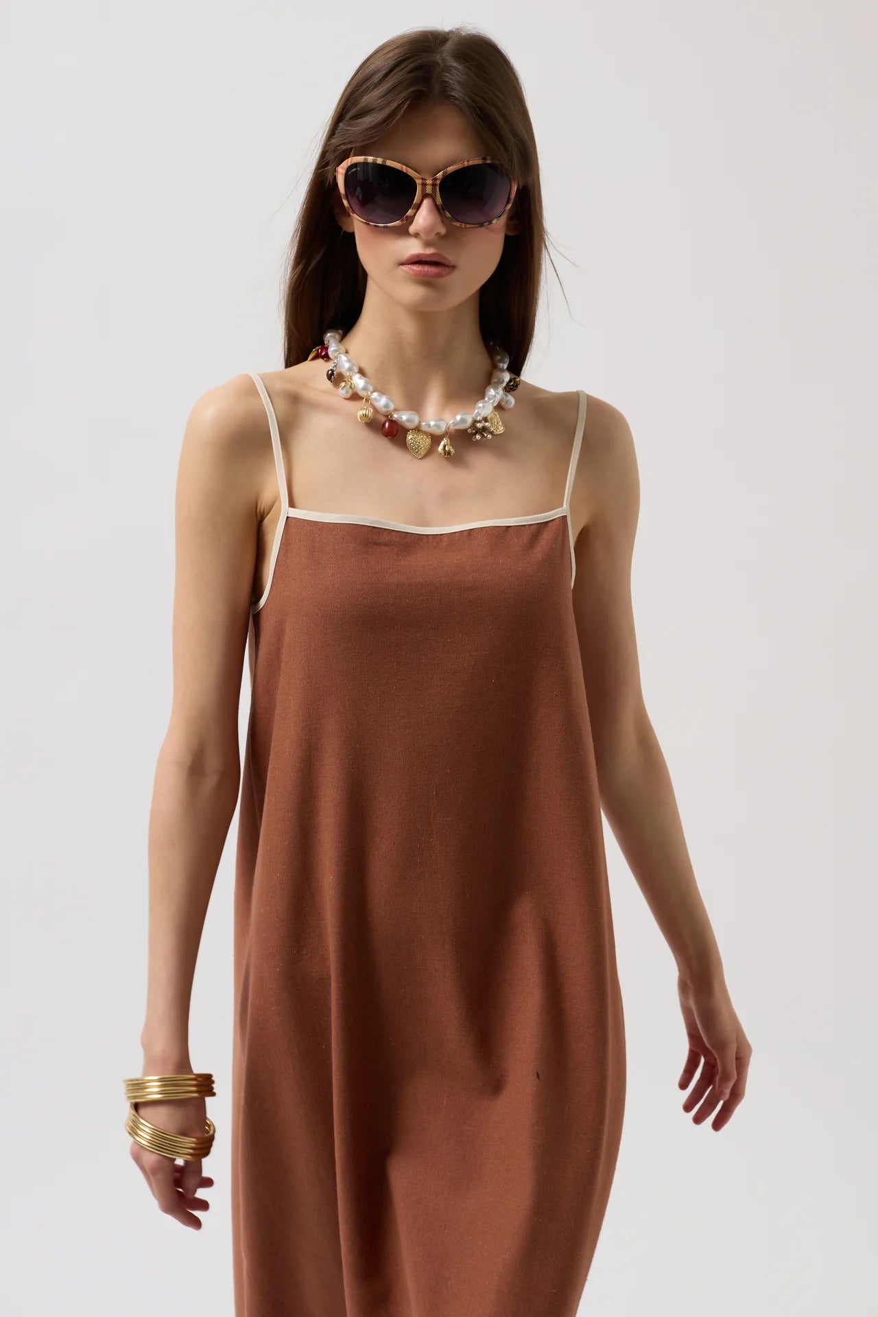 Stripe Detail Linen Maxi Brown Dress