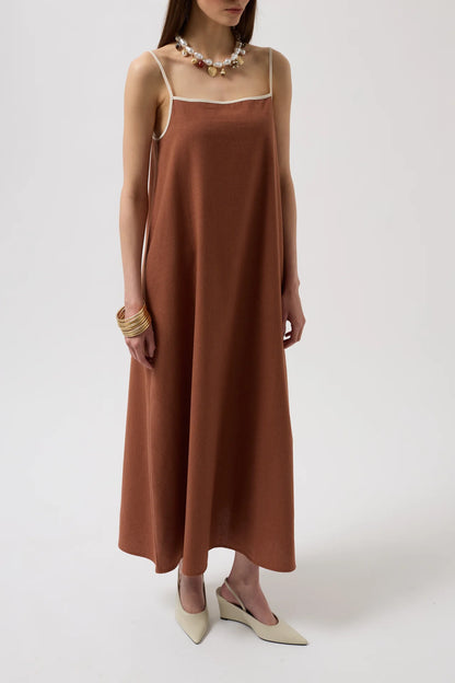 Stripe Detail Linen Maxi Brown Dress