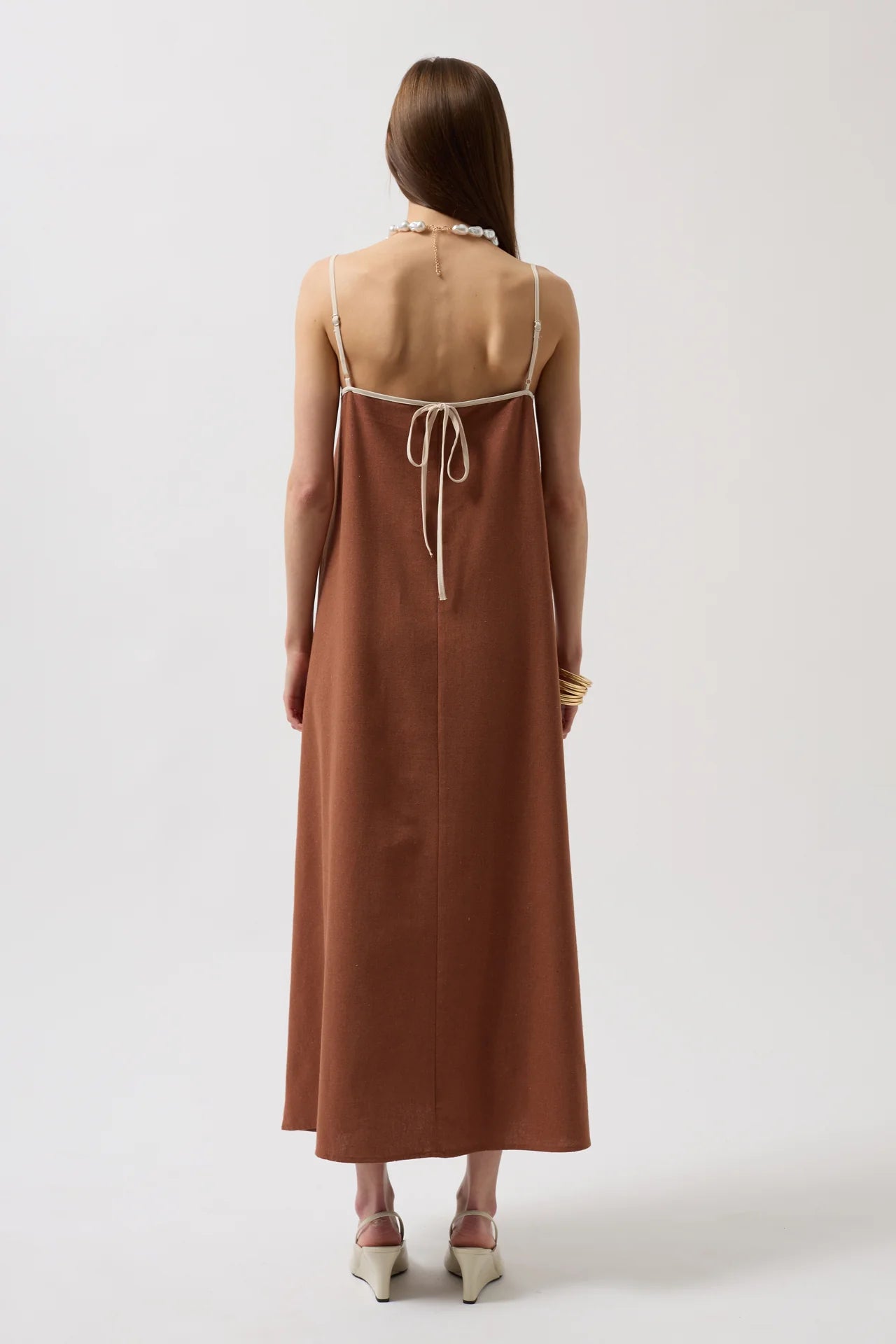 Stripe Detail Linen Maxi Brown Dress