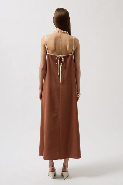Stripe Detail Linen Maxi Brown Dress