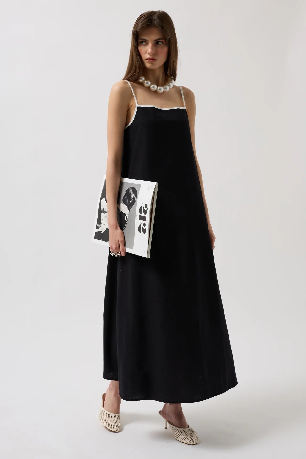 Stripe Detail Linen Maxi Black Dress