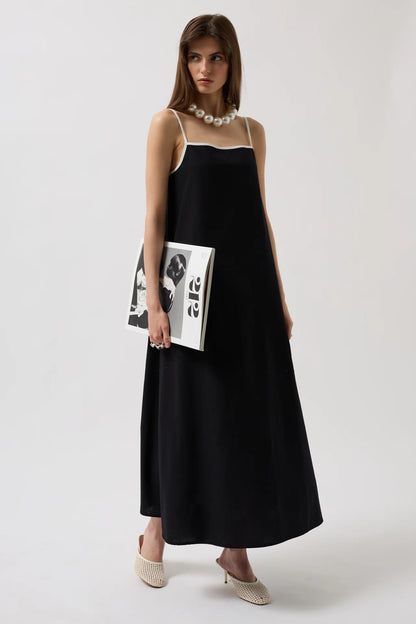 Stripe Detail Linen Maxi Black Dress