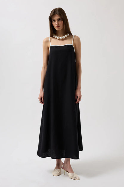 Stripe Detail Linen Maxi Black Dress