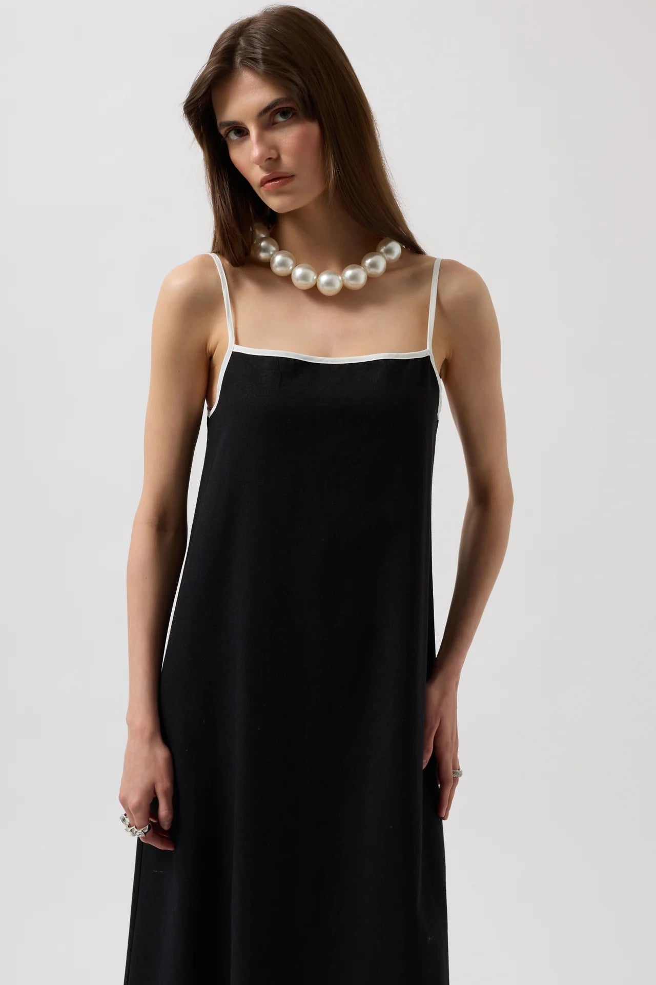 Stripe Detail Linen Maxi Black Dress