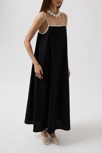 Stripe Detail Linen Maxi Black Dress