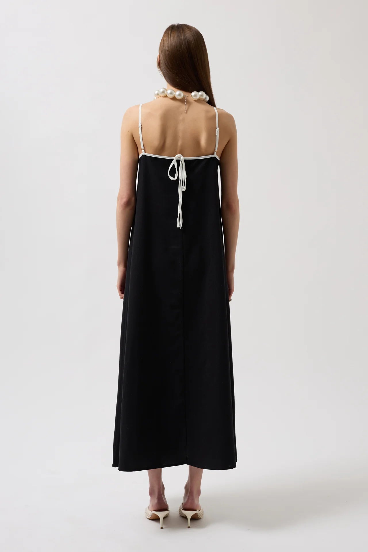 Stripe Detail Linen Maxi Black Dress