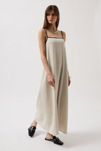 Stripe Detail Linen Maxi Stone Dress