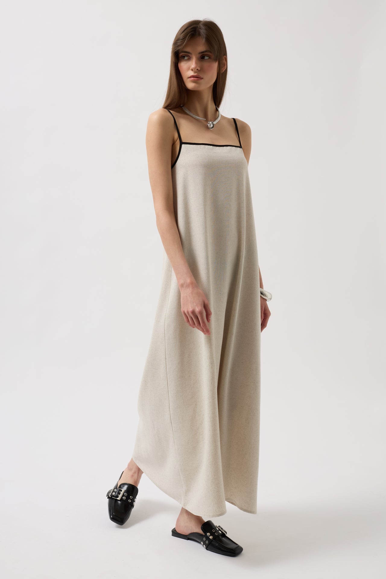 Stripe Detail Linen Maxi Stone Dress
