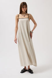 Stripe Detail Linen Maxi Stone Dress