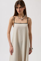 Stripe Detail Linen Maxi Stone Dress