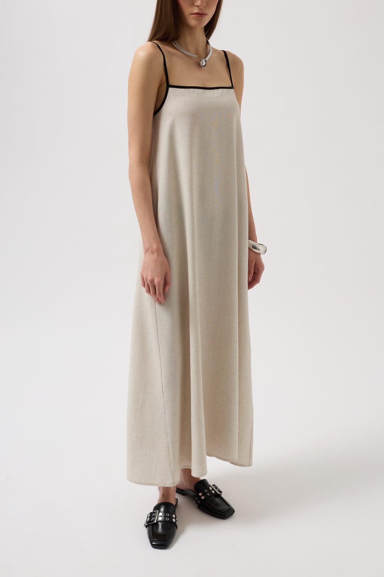 Stripe Detail Linen Maxi Stone Dress