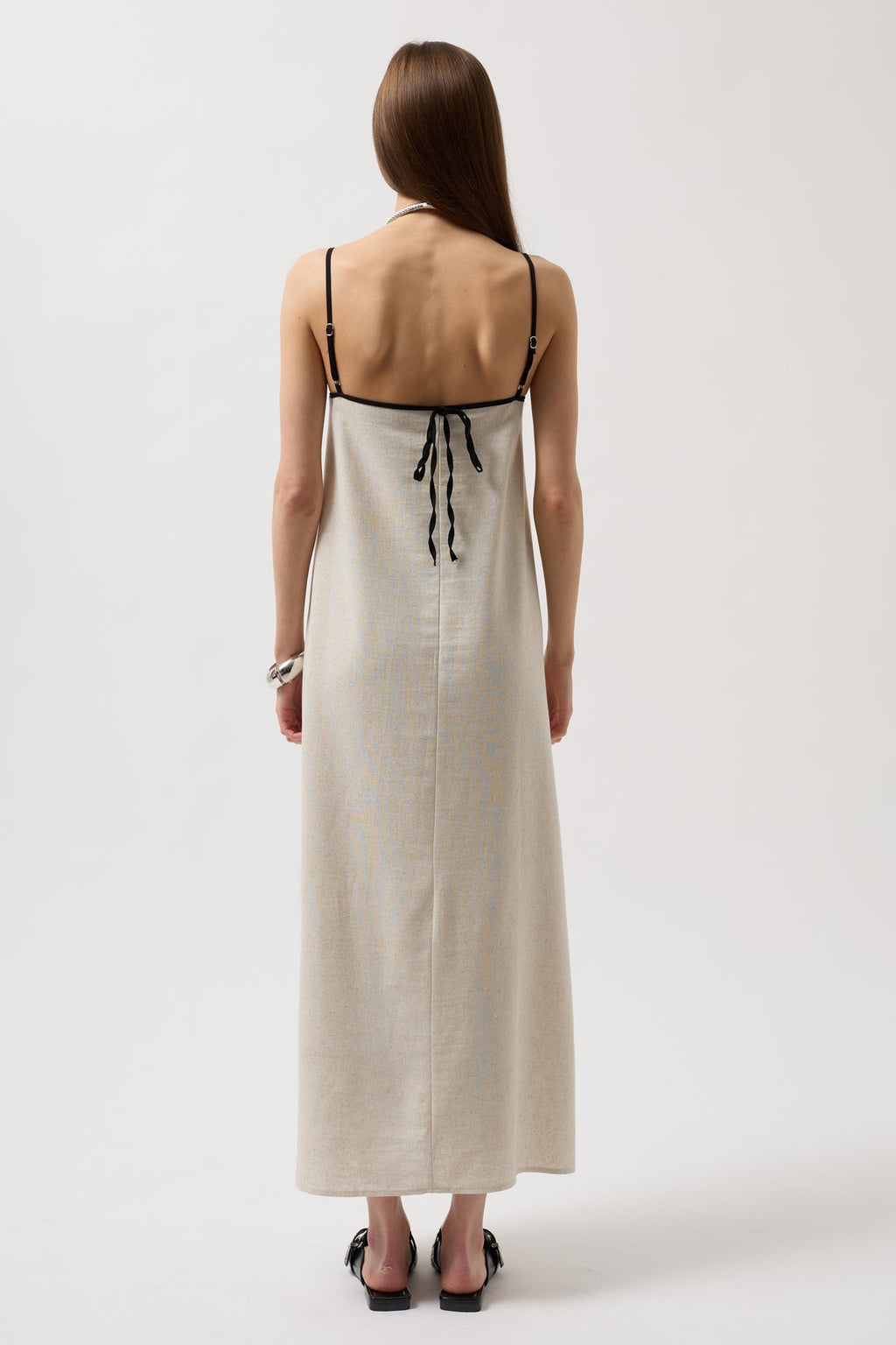 Stripe Detail Linen Maxi Stone Dress