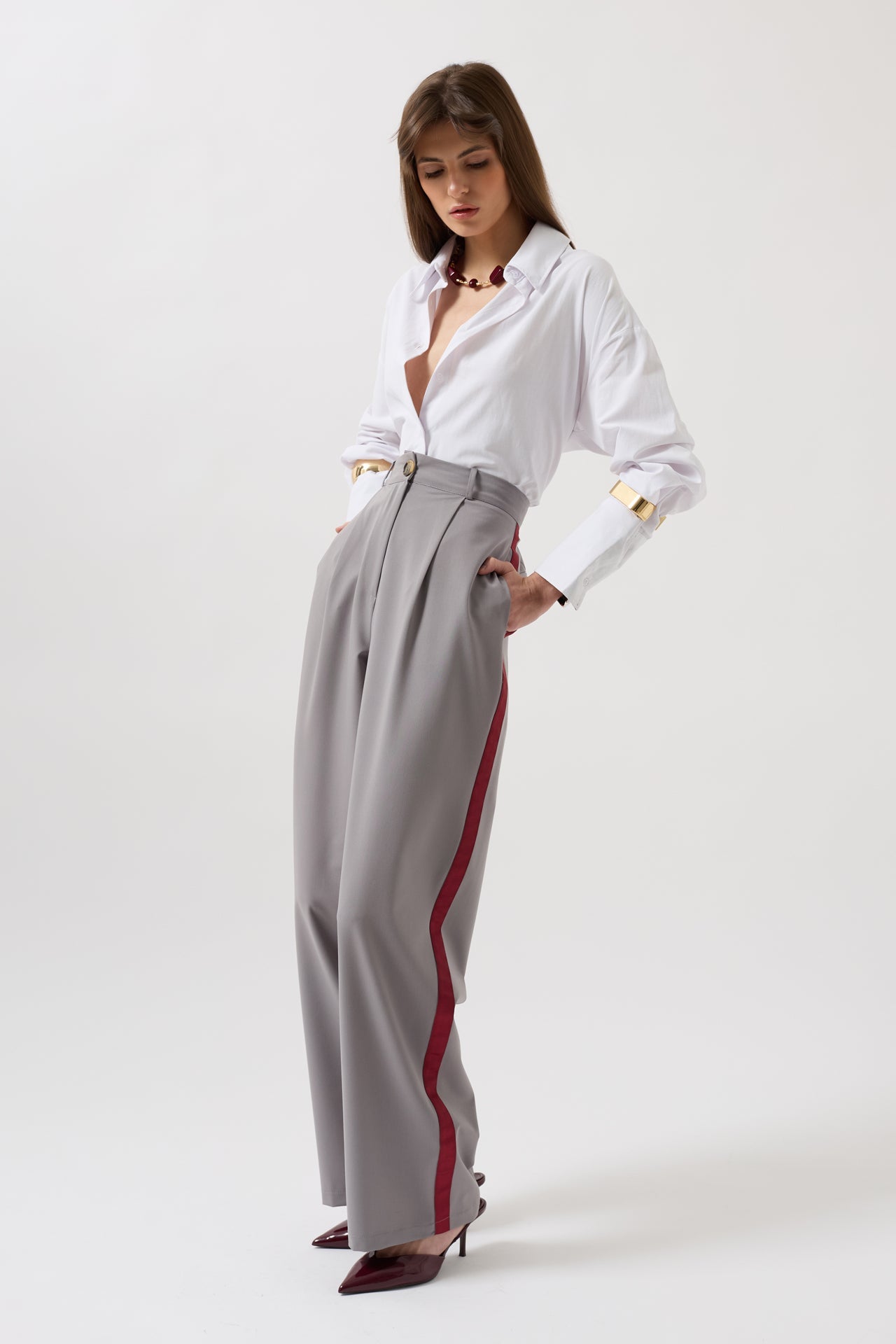Stripe Detail Palazzo Gray Pants