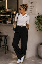 Striped Detail Polo Neck Buttoned White Knit Blouse