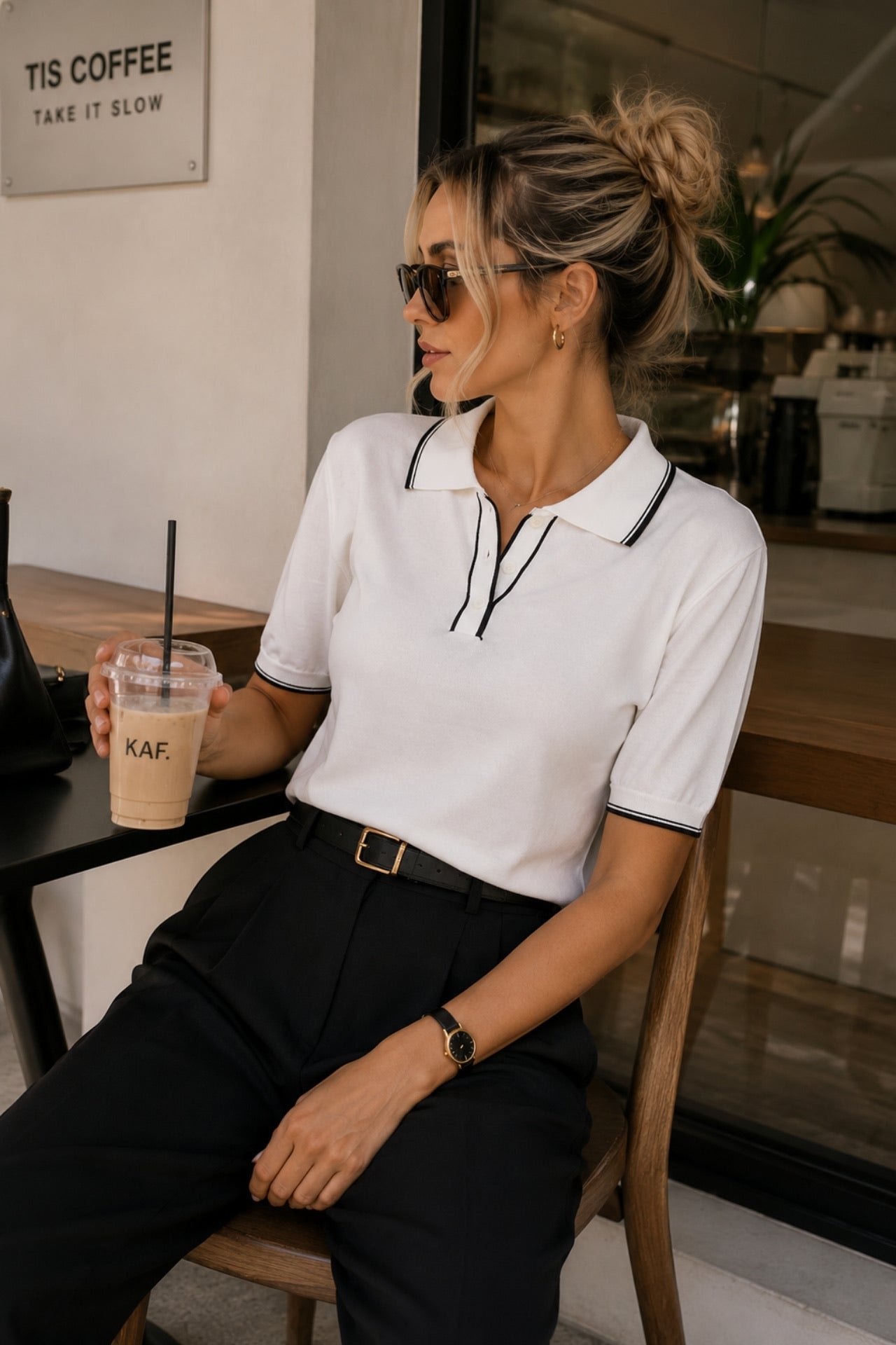 Stripe Detail Polo Neck Buttoned White Knitted Blouse