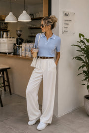 Striped Detail Polo Neck Buttoned Blue Knit Blouse
