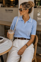 Stripe Detail Polo Neck Buttoned Blue Knitted Blouse