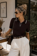 Stripe Detail Polo Neck Buttoned Brown Knitwear Blouse