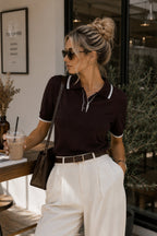 Stripe Detail Polo Neck Buttoned Brown Knitwear Blouse