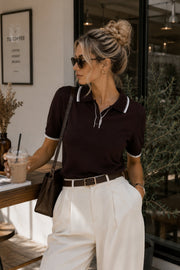 Brown Knit Blouse with Stripe Detail, Polo Collar and Buttons