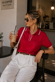 Red Knit Blouse with Stripe Detail Polo Collar and Buttons