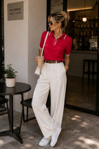 Stripe Detail Polo Neck Buttoned Red Knitted Blouse